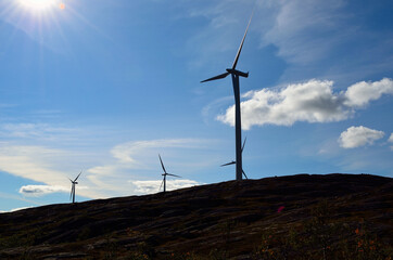 windmill farm on mountain top in autumn sun