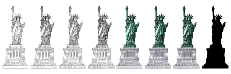 Statue of liberty set in different styles. Illustration of various drawings. Hand drawn line cross hatching, stroke, color, black white sketch and silhouette flat. New York and USA landmark. Vector. © desertsands