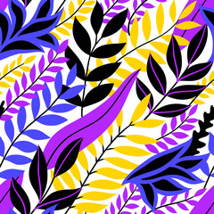 Colorful seamless floral pattern. Stylish summer background with bright tropical leaves.