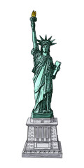 Statue of liberty in hand drawing style, line hatching stroke, color. Hand drawn sketch. American national symbol, New York and USA landmark. Vector.