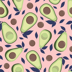 Avocado seamless pattern with leaves. Pink background