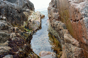 crack in sea shore fills up with water at high tide in summer