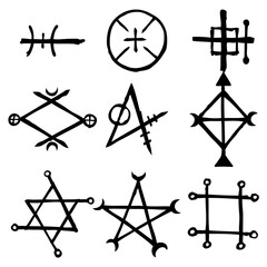 Set of esoteric symbol design elements. Imaginary handwritten alchemy signs, space, spirituality, inspired by mysticism, freemasonry, astrology. Vector .