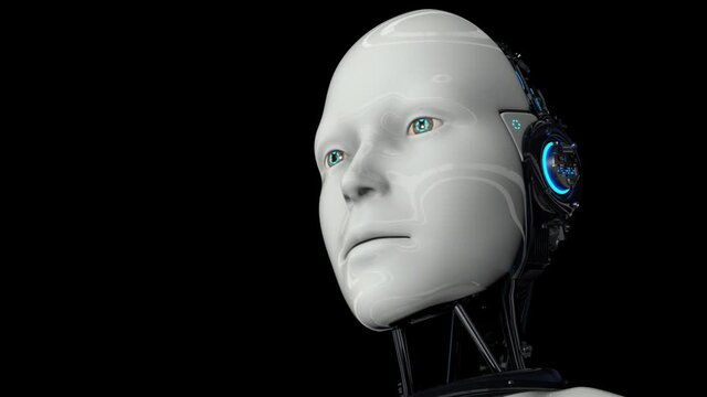 Artificial intelligence. Futuristic humanoid robot is activated, moves its head, eyes and scans the environment. The camera approaches the robot. On a black background. 4K. 3D animation.