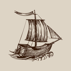 Vector drawing of sailing ship stylized as engraving on a beige background