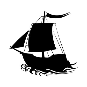 recommend clip art: Sailing ship silhouette pirate boat and sea on a white background vector