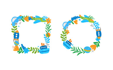 Set of doodle vector floral elements and different toys frames. Square and round photo frame for children. Cute design for greeting cards or posters.