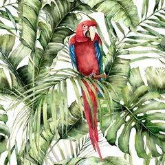 Gordijnen Aquarel tropische naadloze patroon met rode papegaai en palmbladeren. Handgeschilderde vogels en jungle boombladeren. Floral illustratie geïsoleerd op een witte achtergrond voor ontwerp, print of achtergrond. © yuliya_derbisheva