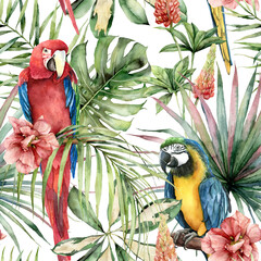 Watercolor tropical seamless pattern with parrots and hibiscus. Hand painted birds, flowers and jungle palm leaves. Floral illustration isolated on white background for design, print or background.