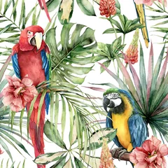 Keuken foto achterwand Papegaai Aquarel tropische naadloze patroon met papegaaien en hibiscus. Handbeschilderde vogels, bloemen en jungle palmbladeren. Floral illustratie geïsoleerd op een witte achtergrond voor ontwerp, print of achtergrond.