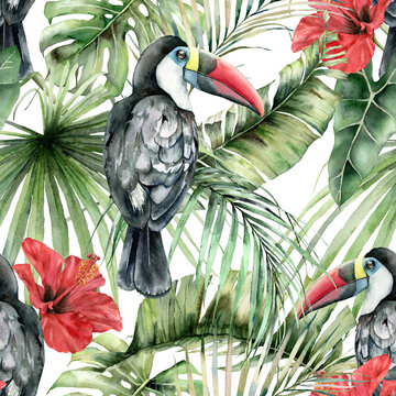 Watercolor tropical seamless pattern with toucans and hibiscus. Hand painted birds, flowers and jungle palm leaves. Floral illustration isolated on white background for design, print or background.