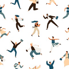 Colorful hurry man and woman seamless pattern. Running businessman, kid, teen, stylish female and office workers vector flat illustration. Hasten modern people in trendy clothes on white background