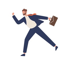 Young bearded male in suit running hold suitcase vector flat illustration. Active funny businessman in hurry or haste isolated on white background. Smiling rush trendy office worker