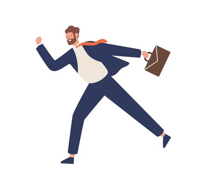 Young bearded male in suit running hold suitcase vector flat illustration. Active funny businessman in hurry or haste isolated on white background. Smiling rush trendy office worker