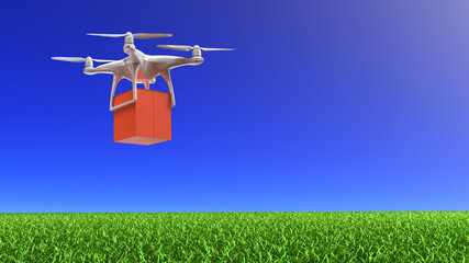 Quadcopter on blue sky fly over green field with cargo. 3d illustration