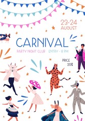 Carnival party at night club promo poster with decorative design elements vector flat illustration. Announcement of masquerade event with place for text isolated. Funny people in mask and costume