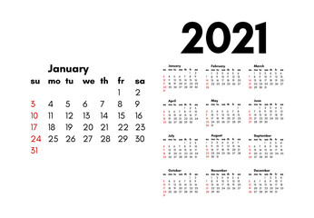 Calendar for 2021 isolated on a white background