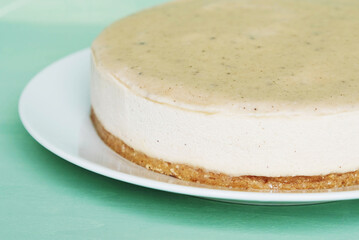 Vegan cheesecake with a salted caramel fudge sauce topping.