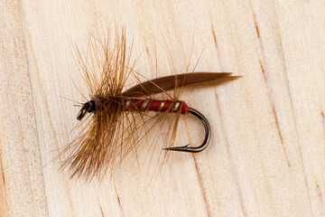 Single Trout Artificial Fishing Dry Fly on Wooden Background