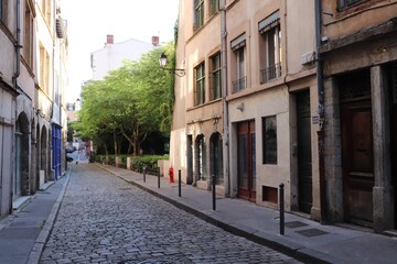 Fototapeta premium La rue Saint Georges, rue pavée et piétonne du vieux Lyon, ville de Lyon, département du Rhône, France