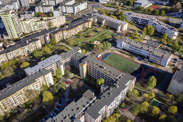 Drone view of famous gallery building in Warsaw capital city, one of the longest buildings in Poland with almost 1,5 km lenght inculding bends