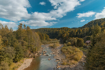 autumn September mountain landscape nature photography of highland rural country side space in clear weather day