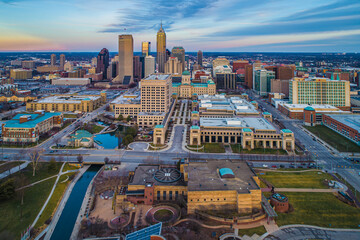 Aerial View of Downtown Indianapolis Indiana Skyline at sunset
