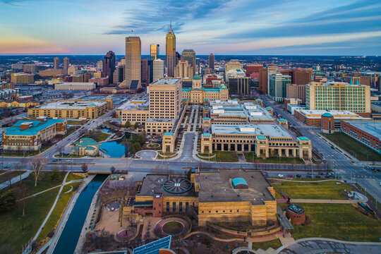 Aerial View Of Downtown Indianapolis Indiana Skyline At Sunset