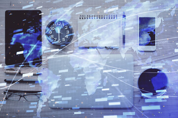Multi exposure of technology theme drawing over work table desktop. Top view. Global data analysis...