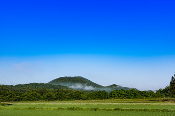 日本　朝霧につつまれた薬来山山里の田園風景