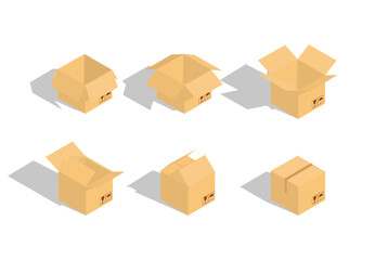 Set of closed and open cardboard boxes isometric on white background with fragile signs . Transportation, shipping. Cardboard box mockup. Vector illustration.