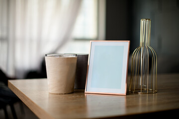 wooden surface on which stands different accessories