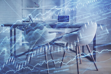 Multi exposure of financial graph drawing and office interior background. Concept of market analysis.