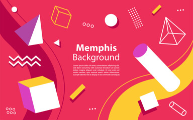 Memphis geometry background with random abstract shape. Colorful shapes pattern.