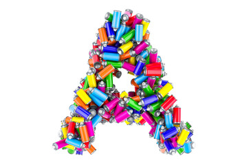 Letter A from colored spray paint cans, 3D rendering