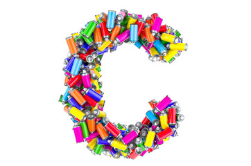 Letter C from colored spray paint cans, 3D rendering