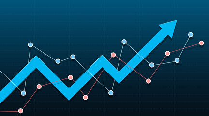 Abstract financial chart with a blue arrow pointing up. Vector illustration.