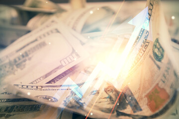 Double exposure of grow arrows drawing over usa dollars bill background. Concept of success.