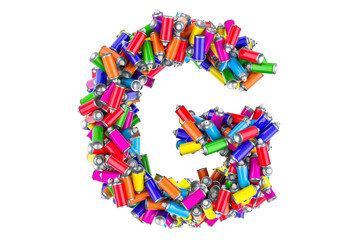 Letter G from colored spray paint cans, 3D rendering