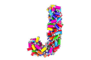 Letter J from colored spray paint cans, 3D rendering