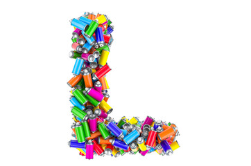 Letter L from colored spray paint cans, 3D rendering