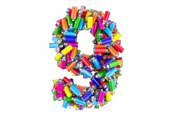 Number 9 from colored spray paint cans, 3D rendering