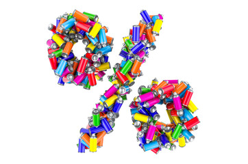 Percent symbol from colored spray paint cans, 3D rendering