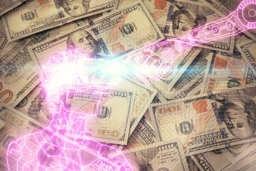 Double exposure of man wearing VR glasses drawing over usa dollars bill background. Concept of virtual reality.