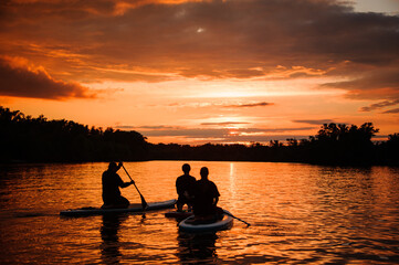 rear view on group of people on sup boards with paddles floating on the river at sunset.