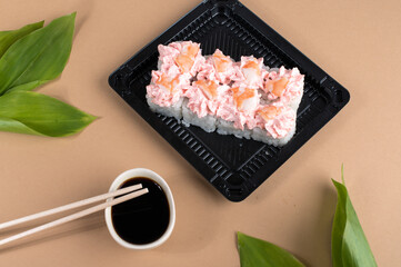 Lava Roll with cream cheese and shrimp on beige background