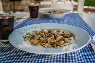 Ravioli - Turkish Manti on plate with red pepper and yoghurt