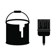 Black paint can and brush logo vector illustration liquid color bucket container with paintbrush icon