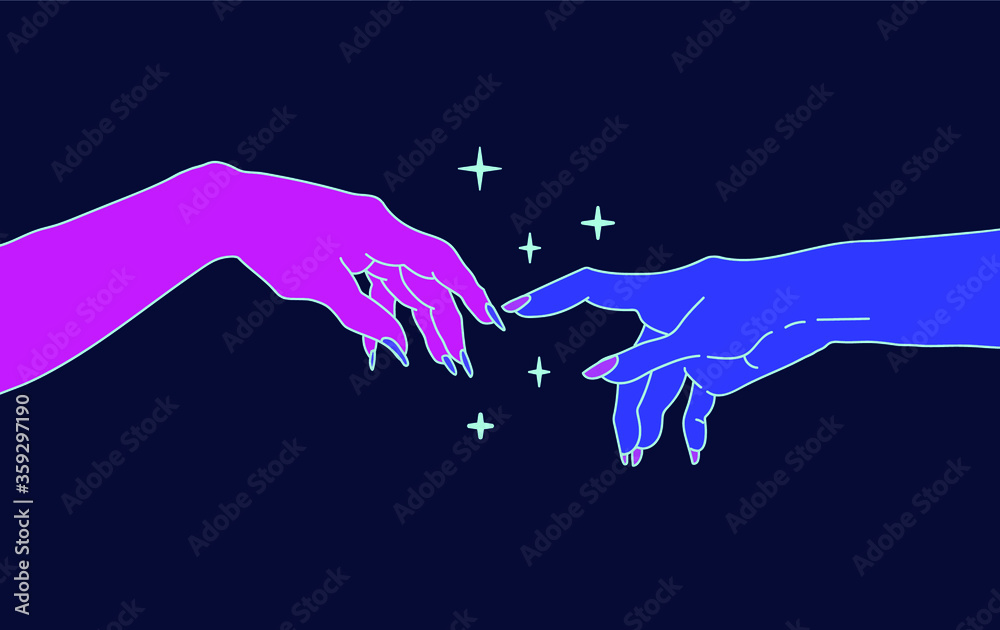 Poster two hands with manicure is going to touch together. the creation of adam with woman's hands in old s