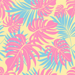 Palm leaves. Tropical seamless background pattern. Graphic design with amazing palm trees suitable for fabrics, packaging, covers